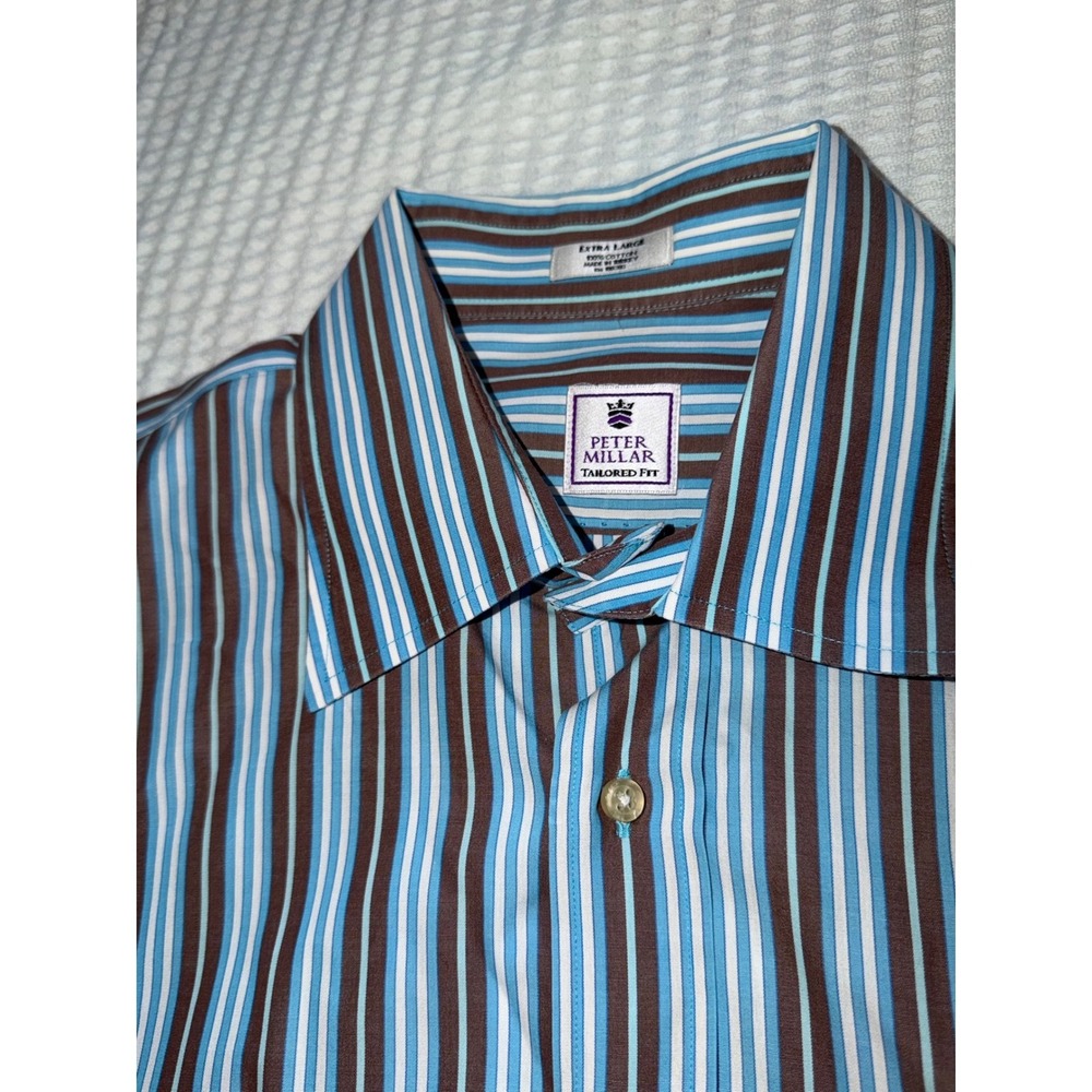 Peter Millar Button Down Shirt Mens XL Blue Brown Striped Tailored Fit Lg Sleeve